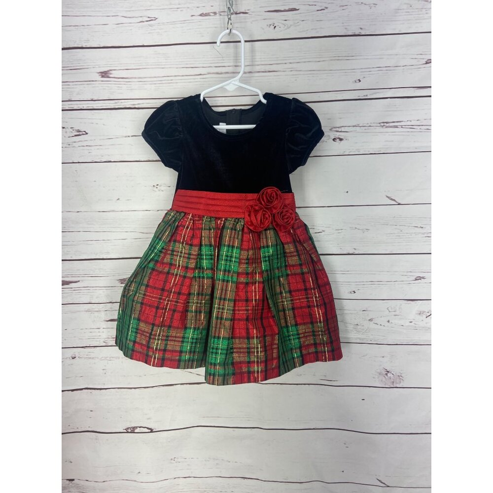 Bonnie Baby Girls 24 months Velvet‎ & Plaid Holiday Dress With Red Floral Accent